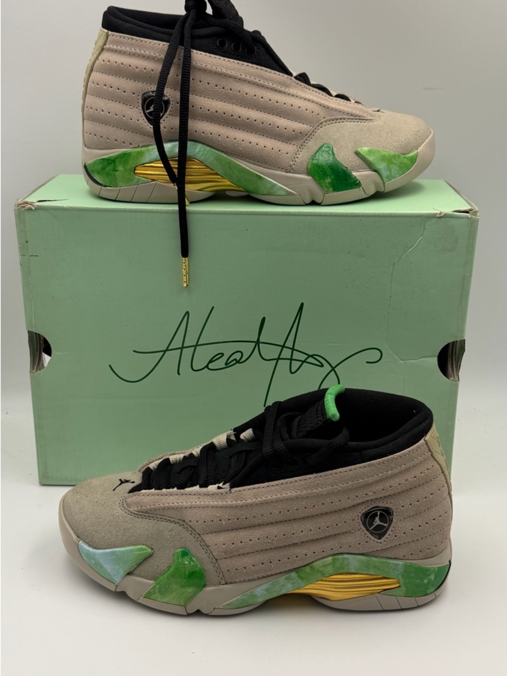 Jordan Desert Sand Suede Sneakers with Green and Black Accents